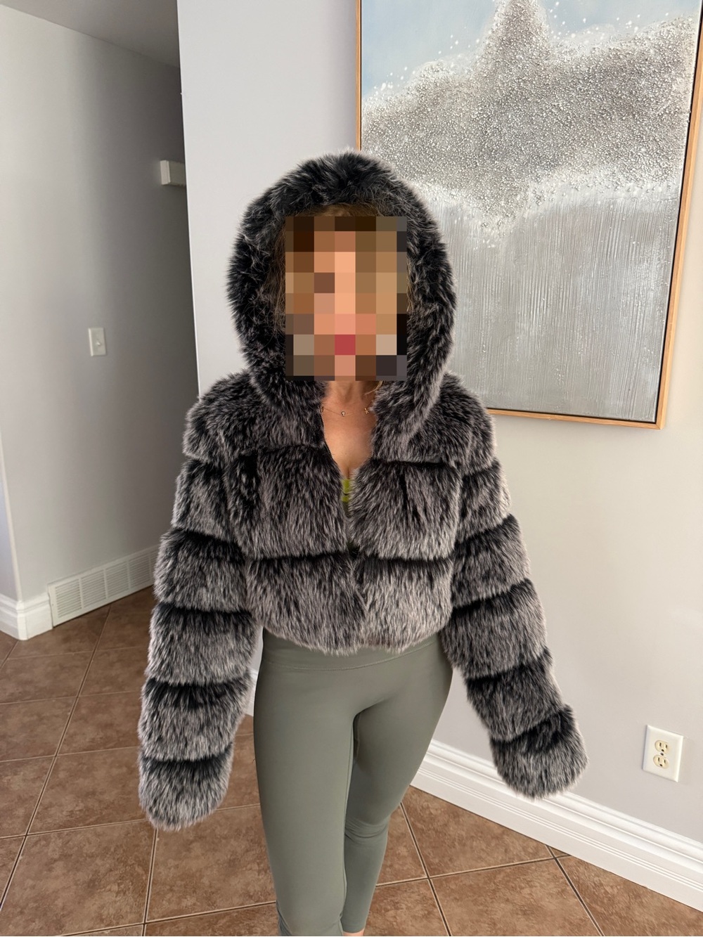 Cropped Faux Fur Hooded Bubble Jacket in Charcoal Gray